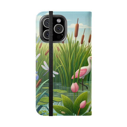 🦩🌸 Geisha Kitten Strolls Among the Spoonbills Flip Case – Serene Grace & Marshland Wonder