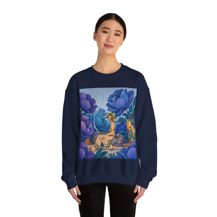 💙🌸 The Lady Among The Blue Blossoms Crewneck Sweatshirt – Art Deco Floral Reverie