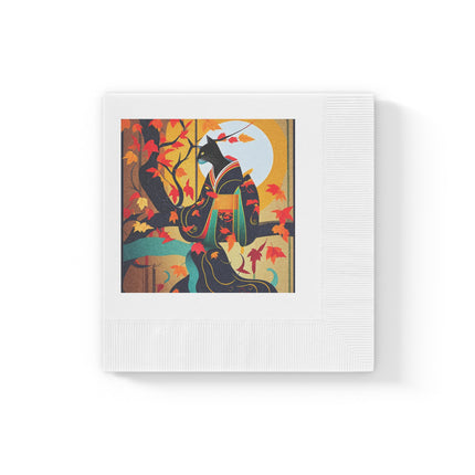 Black Cat in Kimono White Coined Napkins