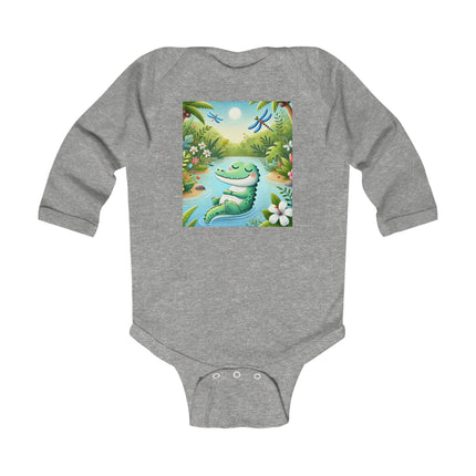 Tranquil River Dream Baby Long Sleeve Bodysuit – Crocodile Jungle Serenity Design