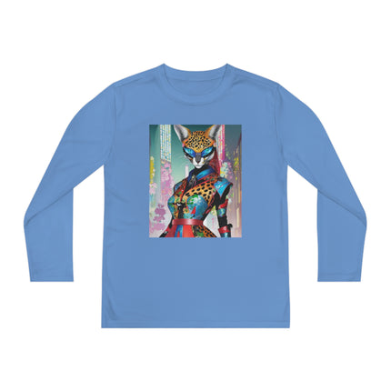 Cyber Cat Glamour Youth Long Sleeve Competitor Tee – Neon Elegance & Futuristic Style