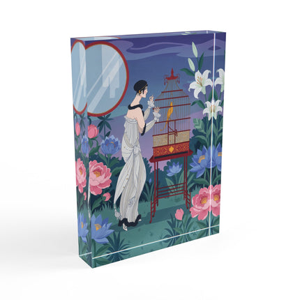 🦜🌸 The Lady Of The Garden Aviary Acrylic Art Block – Art Deco Botanical Elegance