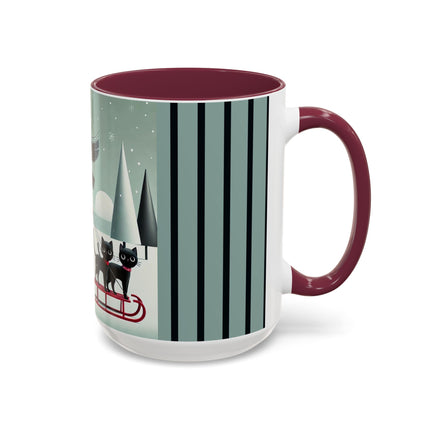 Red Sled & Curious Cats Colorful Mugs (11oz, 15oz)