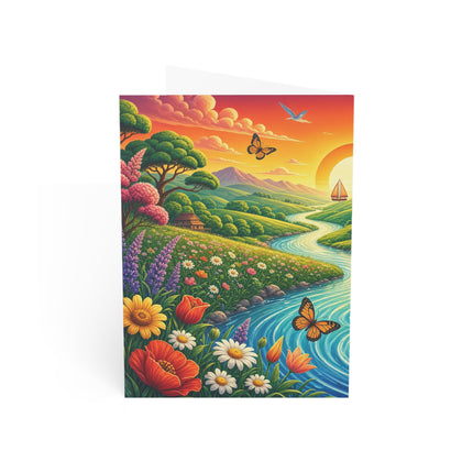 🌅🐱 The Sunset River Sailor Kitten Greeting Card – Whimsical Floral Adventure