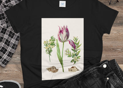 Tulip flower with Two Branches of Myrtle and Shells Cotton Tee