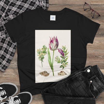 Tulip flower with Two Branches of Myrtle and Shells Cotton Tee