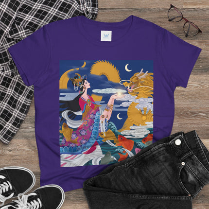 Dragon Pearl Offering Women's Midweight Cotton Tee – Mystical Fantasy & Golden Grace