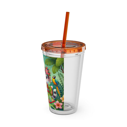 Parrot Dance of the Geisha Kitten Sunsplash Tumbler with Straw, 16oz