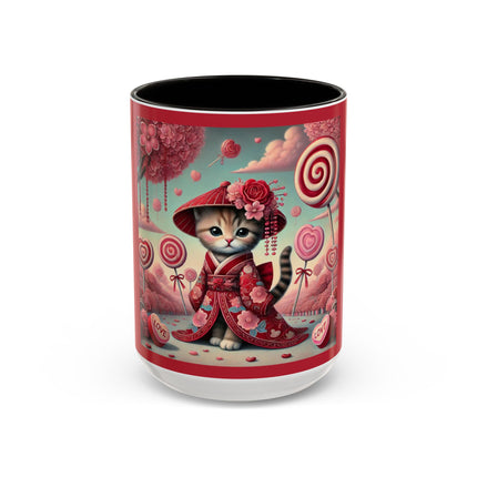 Whimsical Geisha Kitten in a Valentine Garden Colorful Mugs (11oz, 15oz)