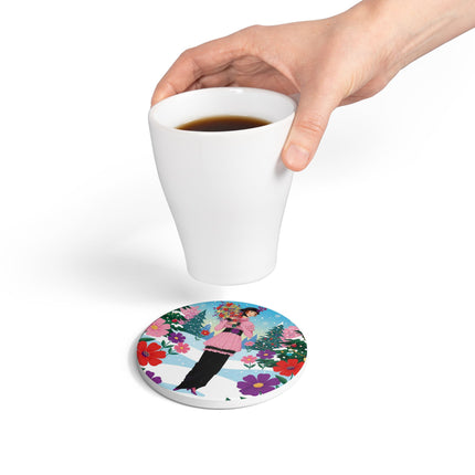 🎀🌸 The Lady Of The Christmas Bouquet Ceramic Coaster – Art Deco Holiday Fantasy