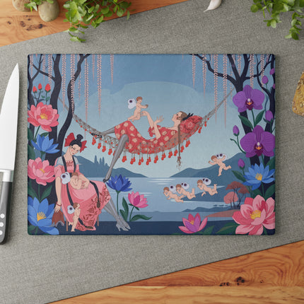 🌸🪽 The Garden Of Little Cupids Glass Cutting Board – Art Deco Floral Fantasy