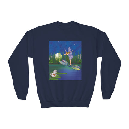 Fairy on a Dragonfly Youth Crewneck Sweatshirt – Enchanting Moonlit Fantasy