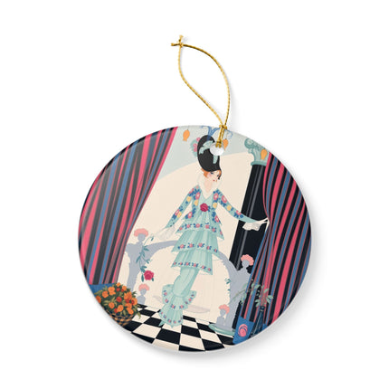 🌹🎭 The Lady Between The Curtains Ceramic Ornament – Art Deco Floral Theatre