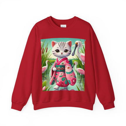 Geisha Kitten Strolls Among the Spoonbills  Unisex Heavy Blend™ Crewneck Sweatshirt