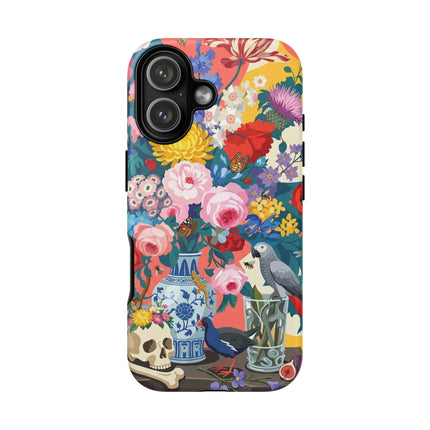 Floral Vanitas Phone Case – Parrot & Porcelain Splendor
