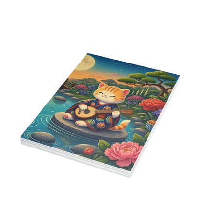 🌕🎸 The Moonlight Koi Serenade Kitten Greeting Card – Whimsical Japanese Garden