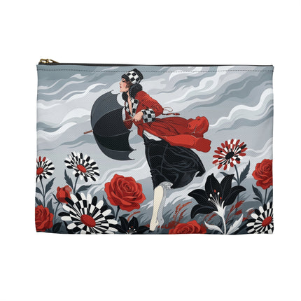 🌹☂️ The Lady In The Storm Accessory Pouch – Art Deco Floral Drama