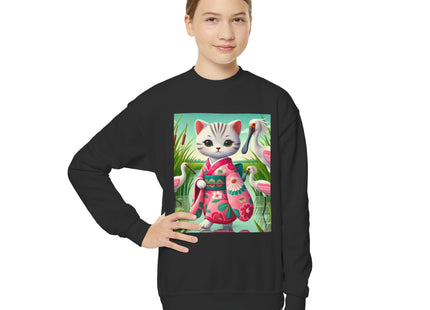 Geisha Kitten Strolls Among the Spoonbills Youth Crewneck Sweatshirt