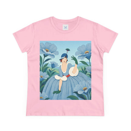 💙🌼 The Blue Blossom Garden Belle Cotton Tee – Art Deco Floral Whimsy