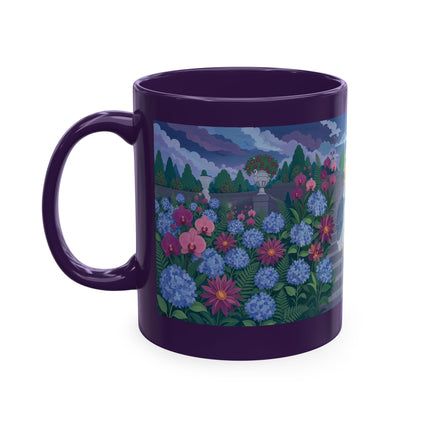 🦚🌸 The Lady & The Peacock On The Garden Steps Ceramic Mug – Art Deco Garden Elegance