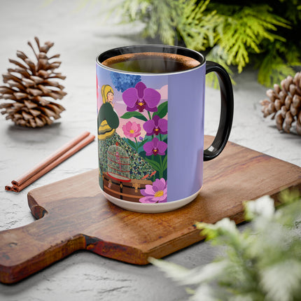 The Lady And The Crimson Birdcage Colorful Mugs – Art Deco Tropical Garden Elegance