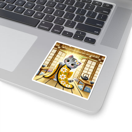 Playful Kitten in the Tea Room Kiss-Cut Stickers (4 Sizes)