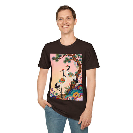 🐦🌸 The Enchanted Crane Garden Softstyle T-Shirt – Oriental Elegance & Colorful Harmony