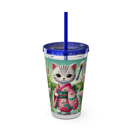 Geisha Kitten Strolls Among the Spoonbills Sunsplash Tumbler with Straw, 16oz