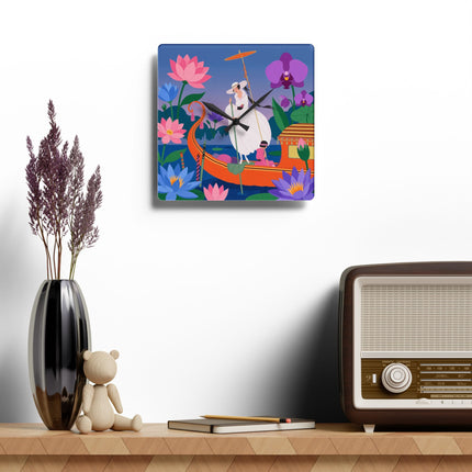 🪷🚣 The Lady Of The Lotus Lake Acrylic Wall Clock – Art Deco Botanical Fantasy