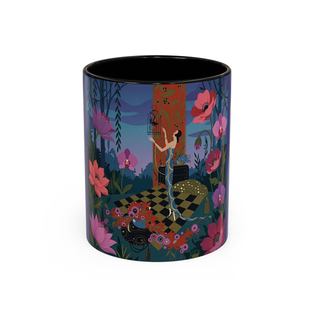 The Lady And The Midnight Birdcage Colorful Mugs – Art Deco Botanical Elegance