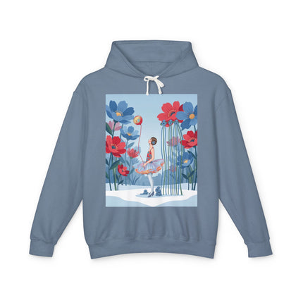 🌸❄️ Winter Flower Girl Unisex Lightweight Hooded Sweatshirt – Art Deco Floral Fantasy