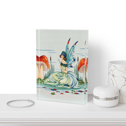 🧚🍄 The Lady Of The Enchanted Mushroom Garden Acrylic Art Block – Art Deco Fairy Fantasy
