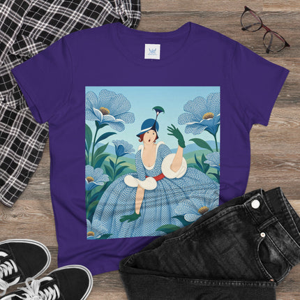 💙🌼 The Blue Blossom Garden Belle Cotton Tee – Art Deco Floral Whimsy