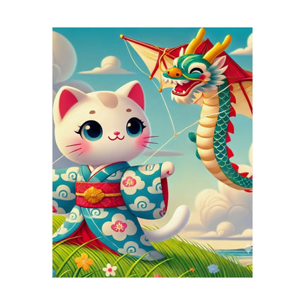 🪁🐉 Geisha Kitten and the Dragon Kite Matte Vertical Poster – Joyful Flight & Dragon Spirit