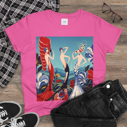 🌹🎭 The Three Ladies Of The Floral Promenade Cotton Tee – Art Deco Fashion Elegance