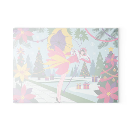 🌂✨ The Lady Of The Enchanted Christmas Garden Glass Cutting Board – Art Deco Holiday Fantasy