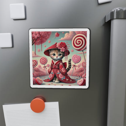 Whimsical Geisha Kitten in a Valentine Garden Die-Cut Magnets (5 Sizes)