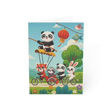 🐉🚲 The Dragon Garden Bicycle Parade Greeting Card – Whimsical Animal Adventure