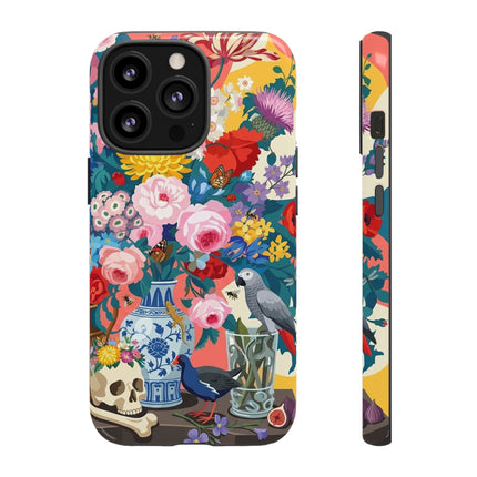 Floral Vanitas Phone Case – Parrot & Porcelain Splendor