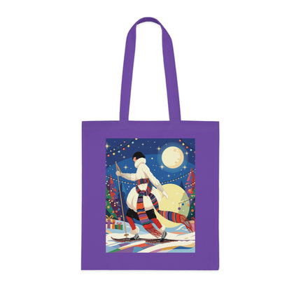🎿🌙 The Moonlit Christmas Skier Cotton Tote Bag – Art Deco Holiday Adventure