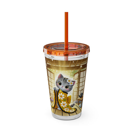 Playful Kitten in the Tea Room Sunsplash Tumbler with Straw, 16oz