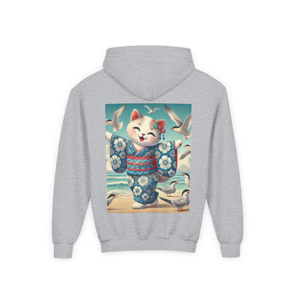 Geisha Kitten by the Seaside Youth Hooded Sweatshirt – Coastal Charm & Playful Style