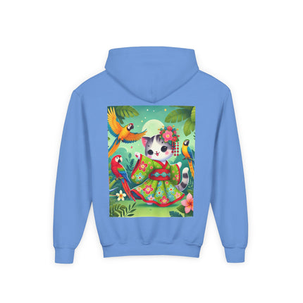 Parrot Dance of the Geisha Kitten Youth Hooded Sweatshirt – Tropical Joy & Whimsical Color