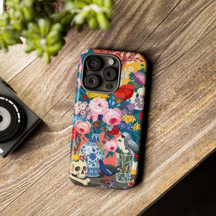 Floral Vanitas Phone Case – Parrot & Porcelain Splendor