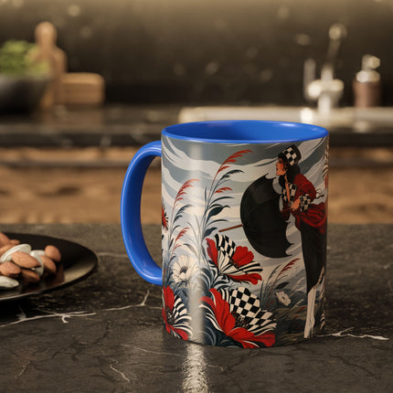 ☔🌹 The Scarlet Checkerboard Rainstorm Colorful Mug – Art Deco Floral Elegance