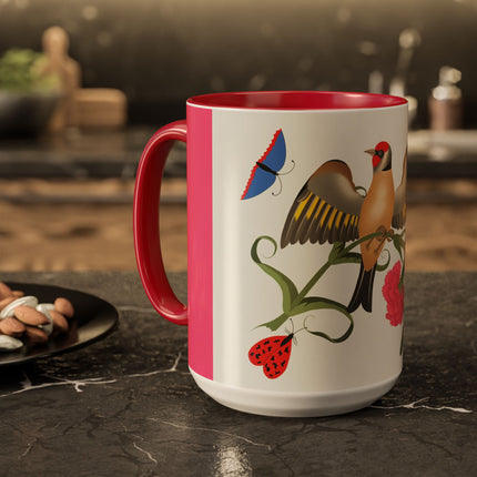 Goldfinch & Pink Flowers Colorful Mugs – Vibrant Spring & Bold Beauty