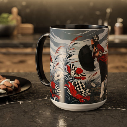☔🌹 The Scarlet Checkerboard Rainstorm Colorful Mug – Art Deco Floral Elegance