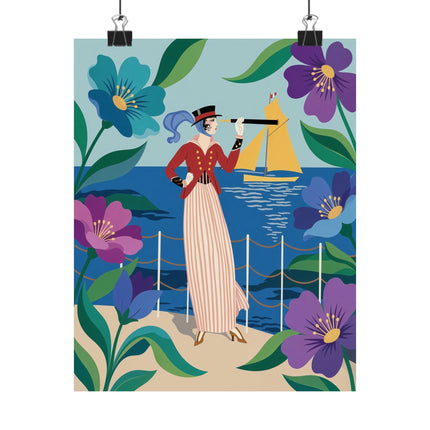 🌊🔭 The Lady Of The Seaside Lookout Matte Vertical Poster – Art Deco Nautical Whimsy