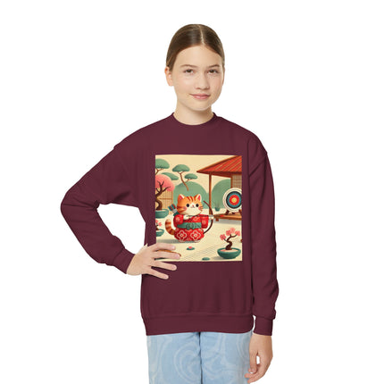Archer Kitten in the Zen Garden Youth Crewneck Sweatshirt – Focus, Calm & Playful Precision