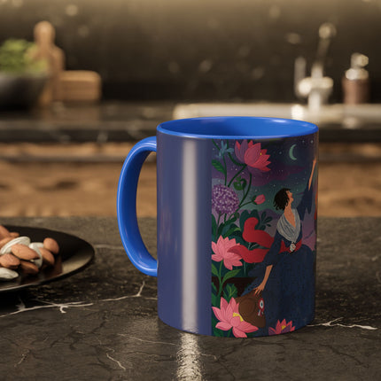 The Lady And The Morning Song Colorful Mugs – Art Deco Botanical Elegance